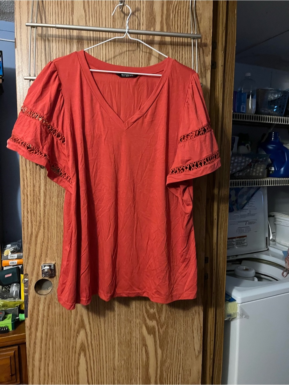 BloomChic Coral V-Neck Short Sleeve Top with Crochet Sleeve Bands